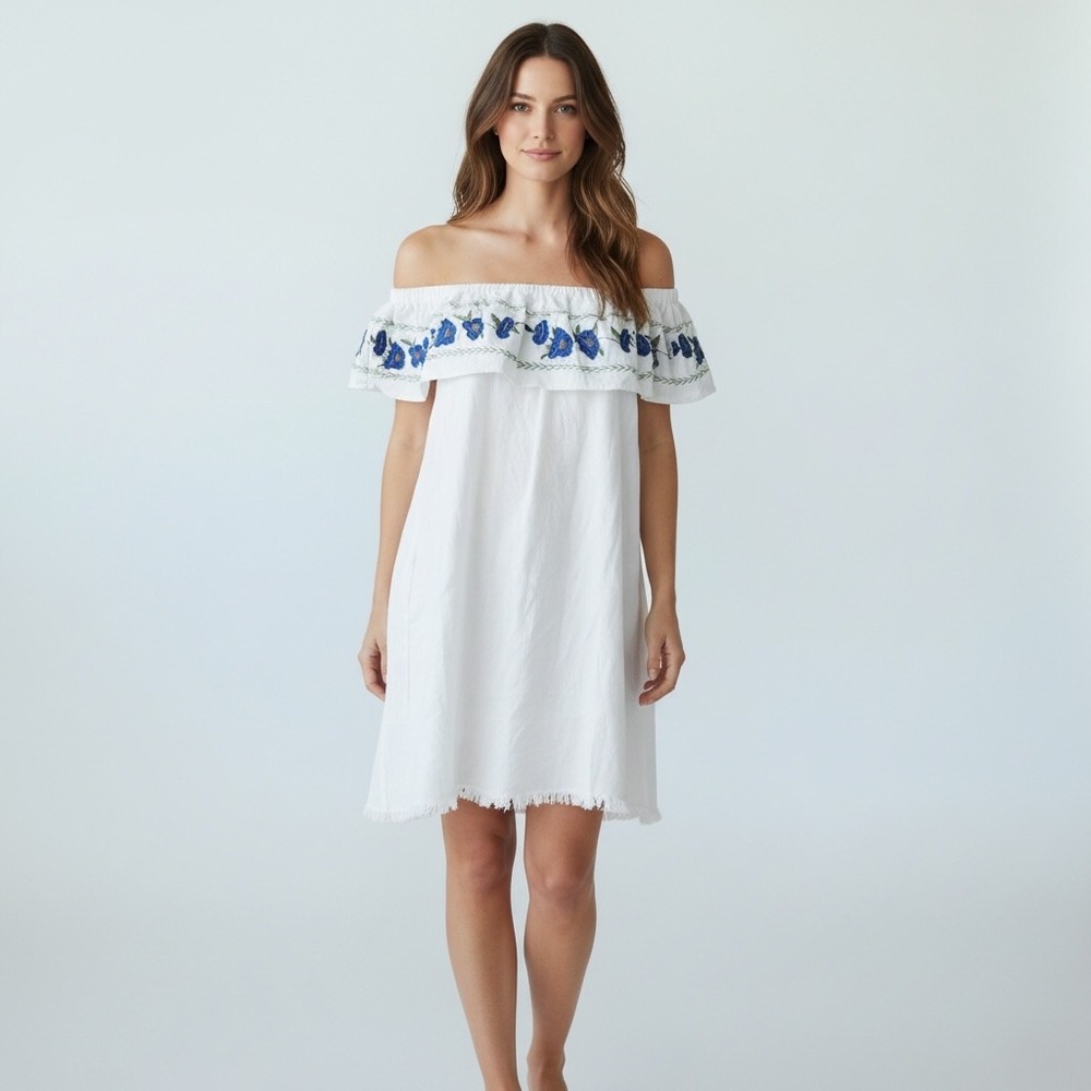 Easel Los Angeles White Cotton Floral Embroidered Off Shoulder Dress ED8945 S